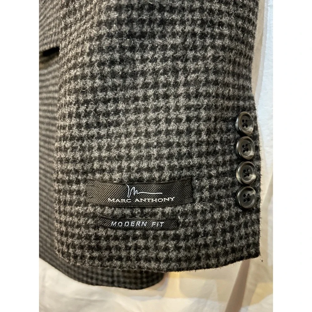 Marc Anthony Peacoat W/Bib Black‎ Gray Houndstooth Mens 40L Elbow Patch